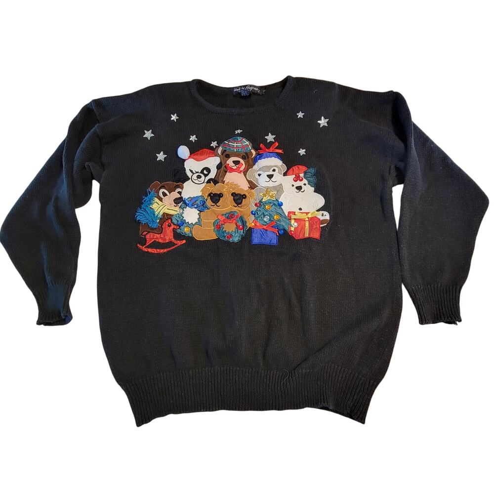 2X Holiday Sweater Teddy Bear Panda  Embroidered Christmas Work in Progress 1980